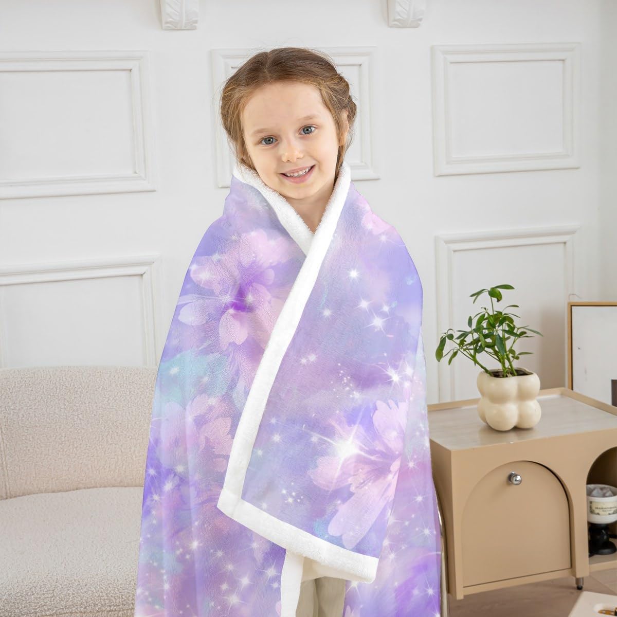 jejeloiu Cute Rainbow Sherpa Blanket Plush Fuzzy Purple Floral Flower Fleece Throw Blanket Boys Girls Glitter Galaxy for Bed Couch Chair Living Room Kawaii Cloud Rainbow Bedroom Decor Baby 30"x40"
