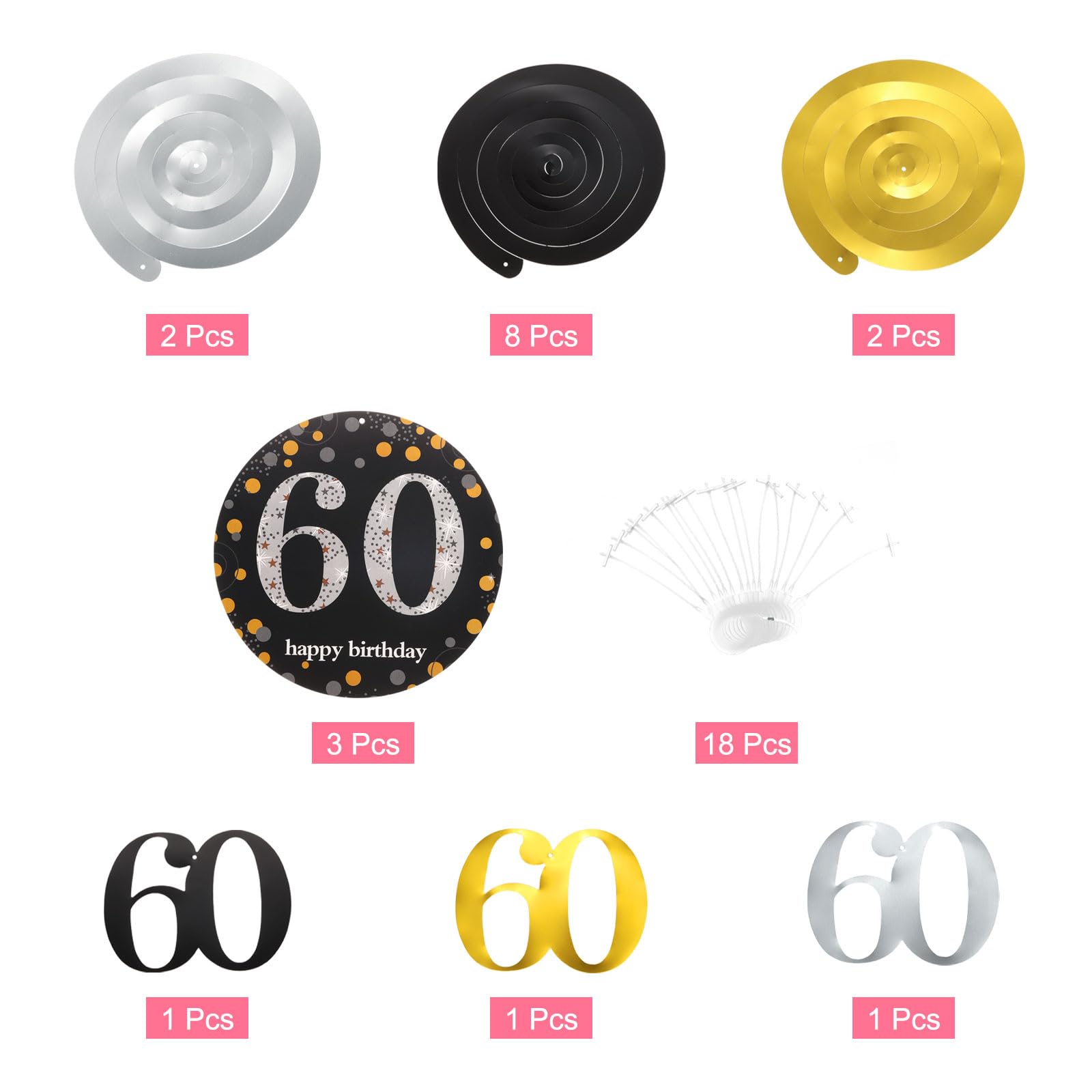 12 Decorazioni A Spirale Da Soffitto Per Feste | Sourcing Map, 71 Cm, Oro/Argento/Nero, Per 60° Compleanno