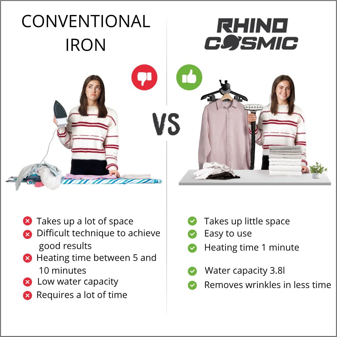 RHINO COSMIC Défroisseur Vetement Vertical du Vapeur 2350W 50 gr/min (4 Niveaux de Puissance) Autonomie 75min (3800ml) - Prêt en 60s - Brosse à Charpie et Accessoires Inclus