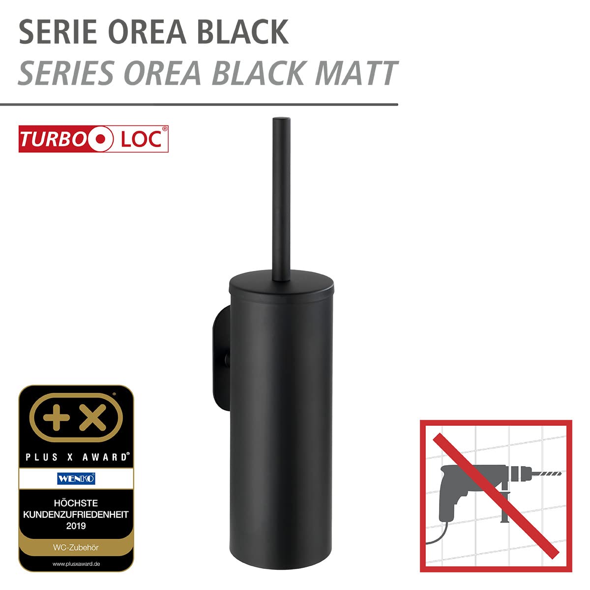 WENKO Turbo-Loc WC-Garnitur Mod. Orea mit Toilettenbürste und Halter aus rostfreiem Edelstahl in Schwarz matt geschlossen ohne Bohren Massive Qualität