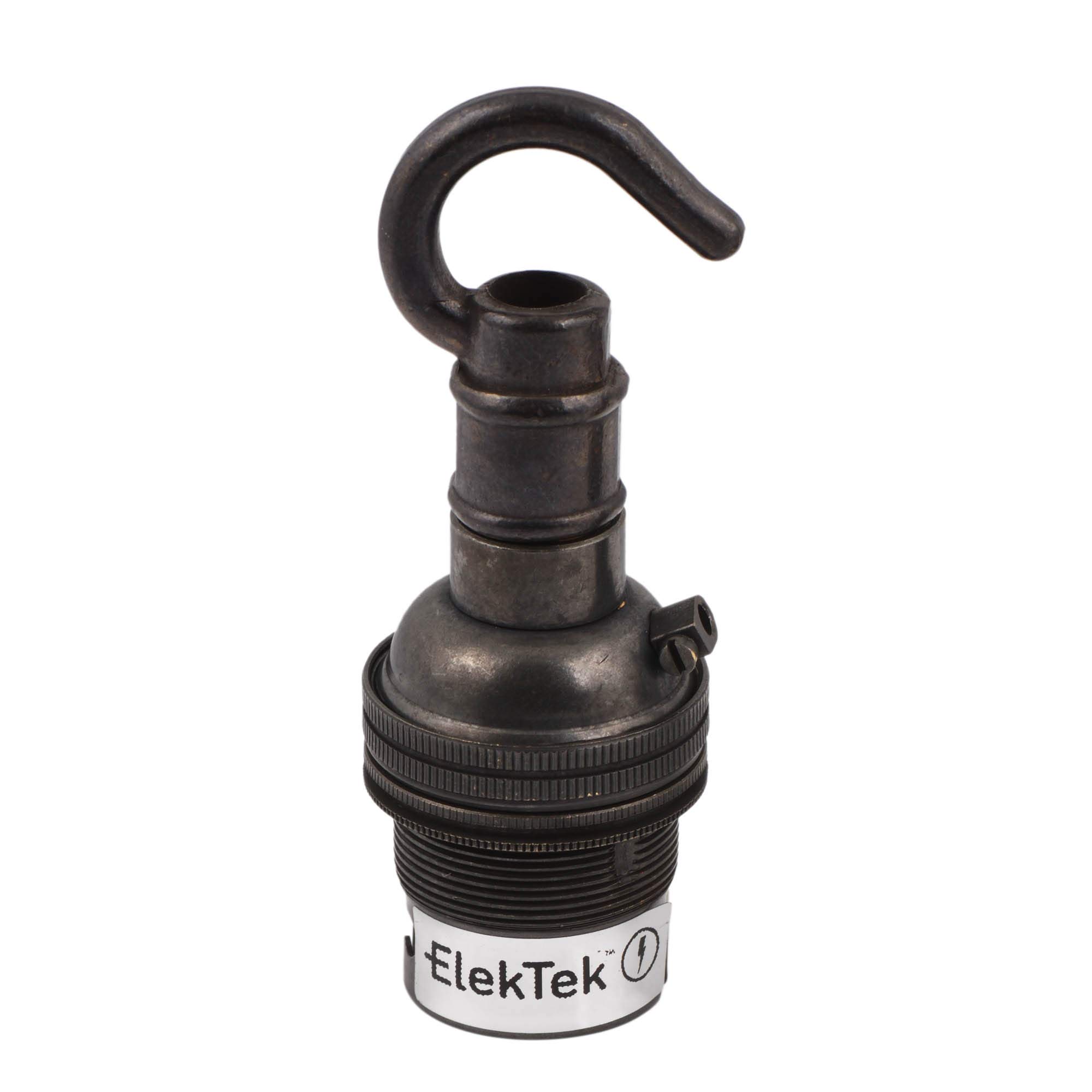 Elektek Bronze Unswitched Lamp Holder B22 Bc Bayonet Cap & Shade Ring With Solid Cast Brass Hook For Ceiling, Bracket Or Chain Suspension - Made In Uk