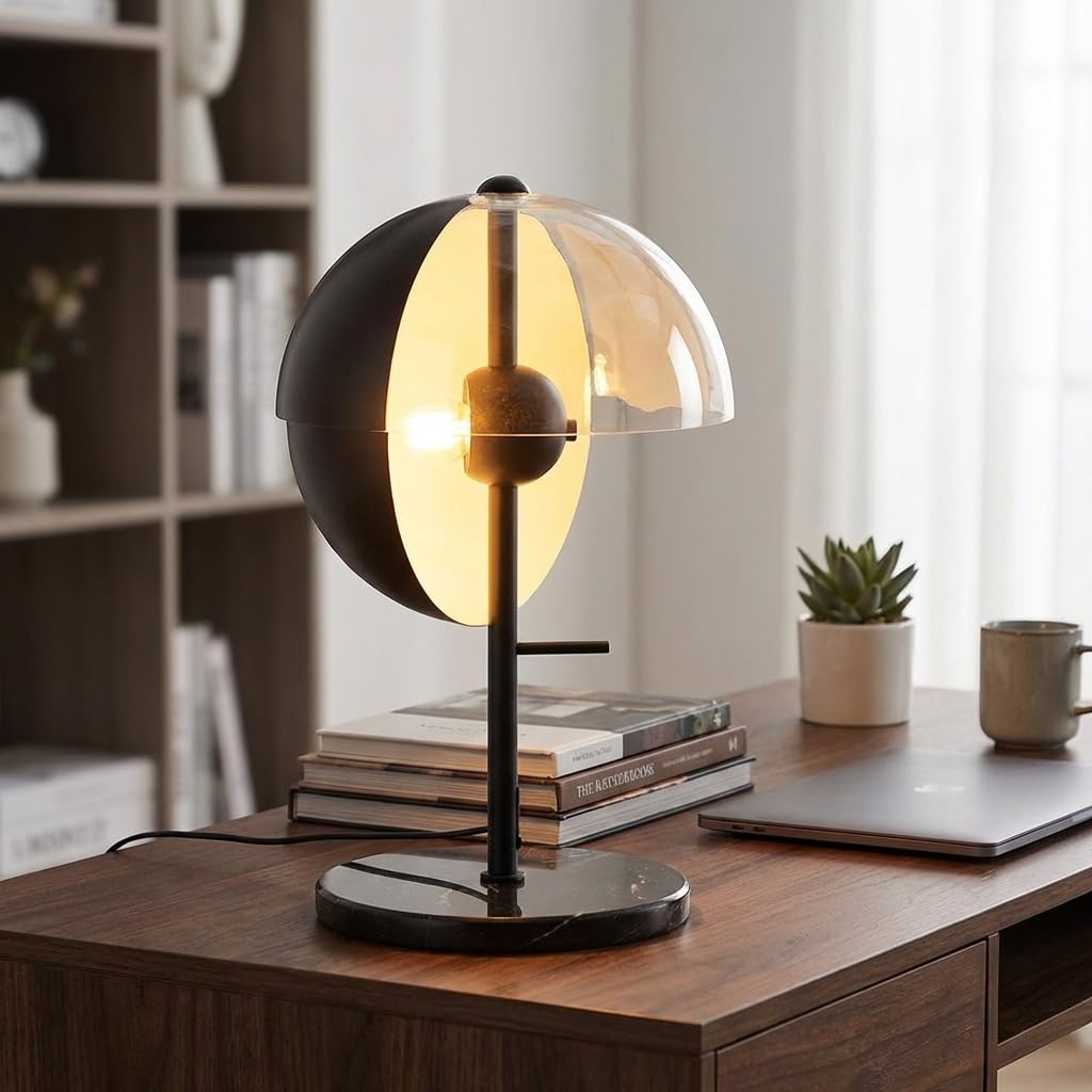 BARCELONA LED Lampa Stołowa UMBRA E27 Nowoczesny Design z Podwójnym Kloszem Czarny Metal i Bursztyn, Lampka Biurkowa z Pośrednim Światłem Bez Oślepiania Styl Industrialny