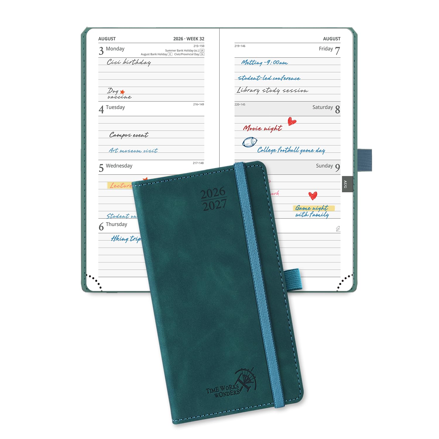 POPRUN 2026-2027 Academic Pocket Diary Week to View Slim (16.5x9 cm) 17 Months (Aug'26 - Dec'27) Small Hard Cover 26/27 Mid Year Weekly Planner for Bag(Peotrol Green)