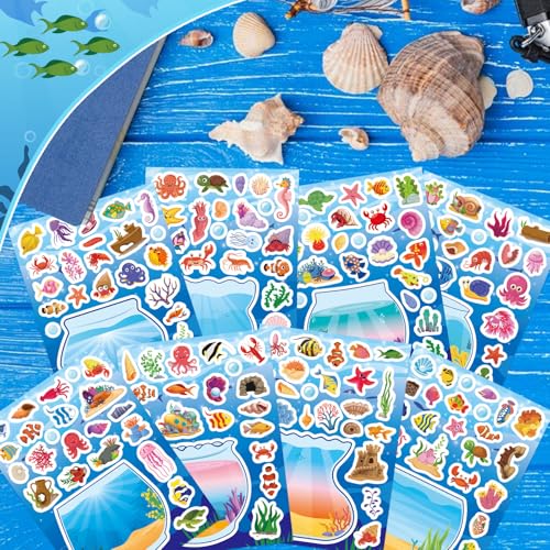 Image of Ocean Animal Stickers, Make Your Own Sea Animal Fish Tank Scene Sticker | Make a Face Sticker Sheets for Kids, Goodie Bags Stuffers, Summer Party Favors Activities
