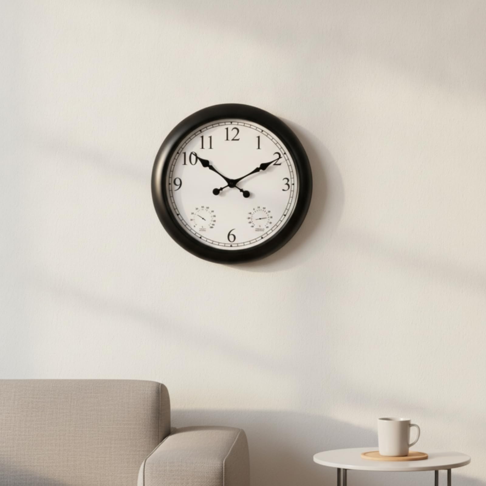 KESOTO Orologio da Parete Esterno Grande con Numeri Lancette Nere Quadrante Bianco Leggibile Termometro E Igrometro Integrati Materiale Plastica E Vetro Adatto a Giardino Balcone Cucina Caffetteria