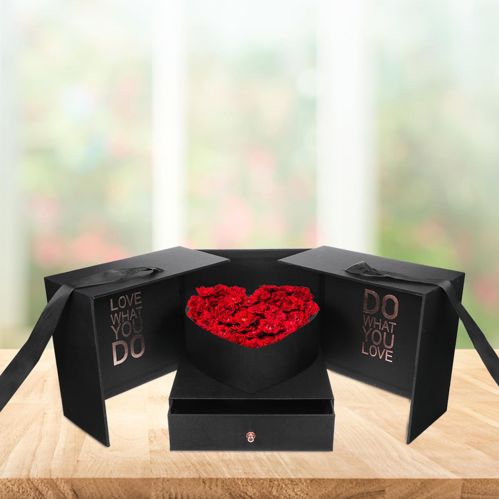 Scatola Regalo a Forma di Cuore, Flower Box per Fiori e Rossetto, Cartone e Tessuto, Nera, Riutilizzabile, per Compleanno e Altre Occasioni
