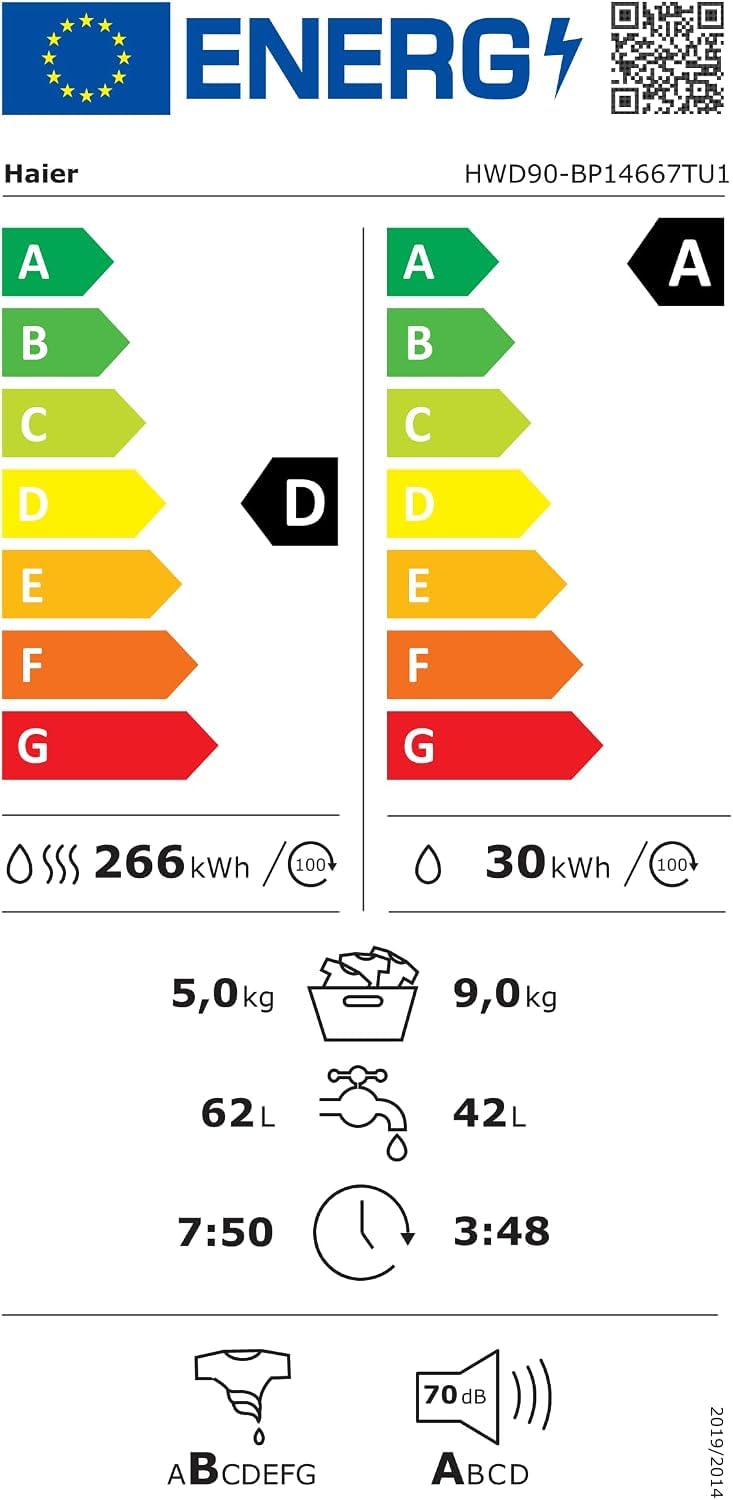 Haier Waschtrockner 9/5kg G7 Serie HWD90-BP14667TU1 | Trocknen), A -45% (Waschen), Leiser Inverter-Motor, Automatik- und Expressprogramm, Vollwasserschutz, Trommelbeleuchtung