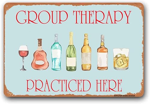 BTFLFDR Letrero de metal con texto en inglés "Group Therapy Practiced Here", letrero de cerveza divertido de 12 x 16 pulgadas, letrero decorativo
