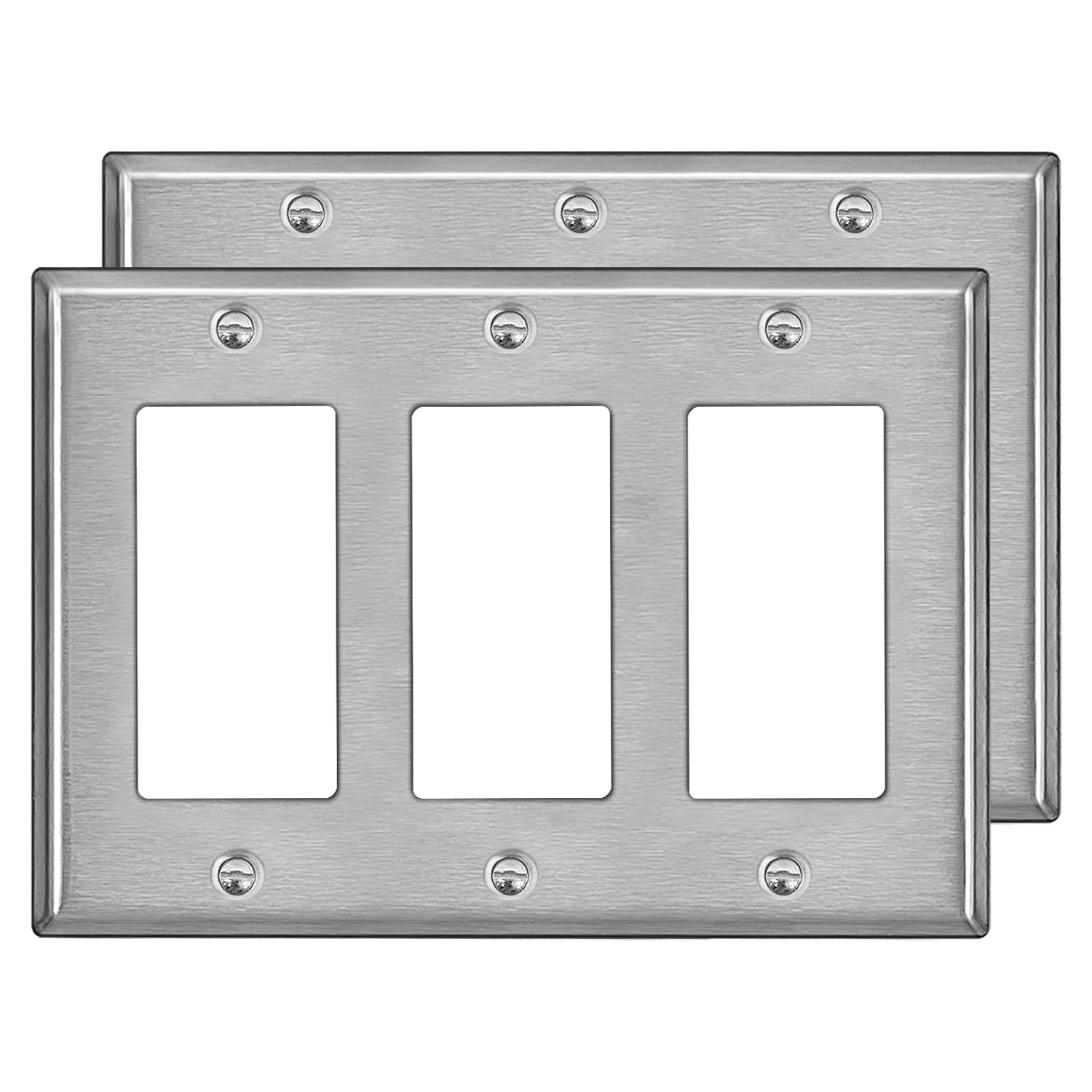 Photo 1 of [2 Pack] BESTTEN 3-Gang Decorator Metal Wall Plate with Plastic Film, Standard Size, H4.53" x W6.38", Decor Stainless Steel Outlet Cover and Switch Wallplate, Brushed Finish, Silver