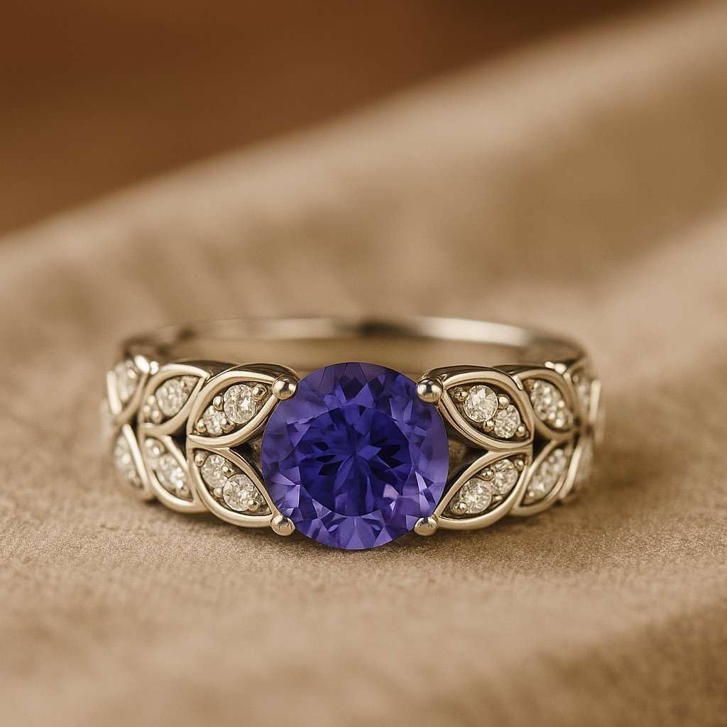 Natural Tanzanite and Diamond Ring – Solid 14K Gold or 925 Sterling Silver – December Birthstone Engagement Ring – Leaf Design Fine Jewelry for Women