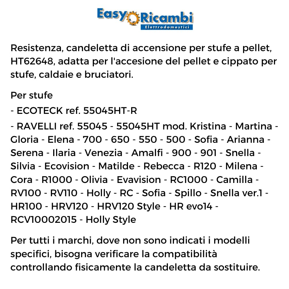 Easyricambi - Świeca zapłonowa do pieca na pellet 250 W, średnica 9,9 mm i długość 136 mm (długość całkowita 146 mm), gwint gazowy 3/8", opór do szybkiego nagrzewania, zamiennik do modeli Ecoteck