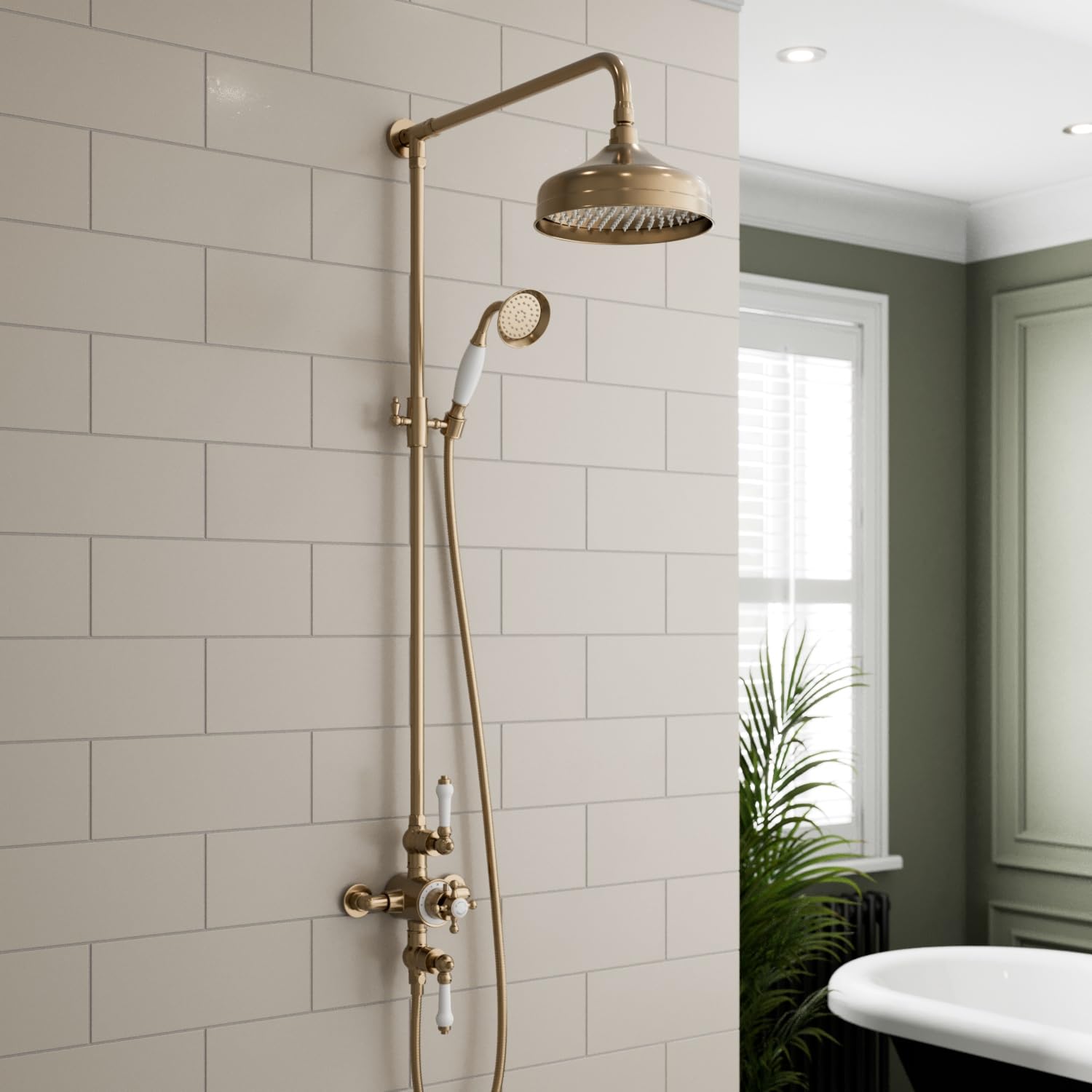 Park Lane Brushed Brass Park Lane® Bathroom Thermostatic Mixer Shower, Traditional Crosshead Exposed Bar Valve Round Drencher Rainfall Head, Hose & Handset,