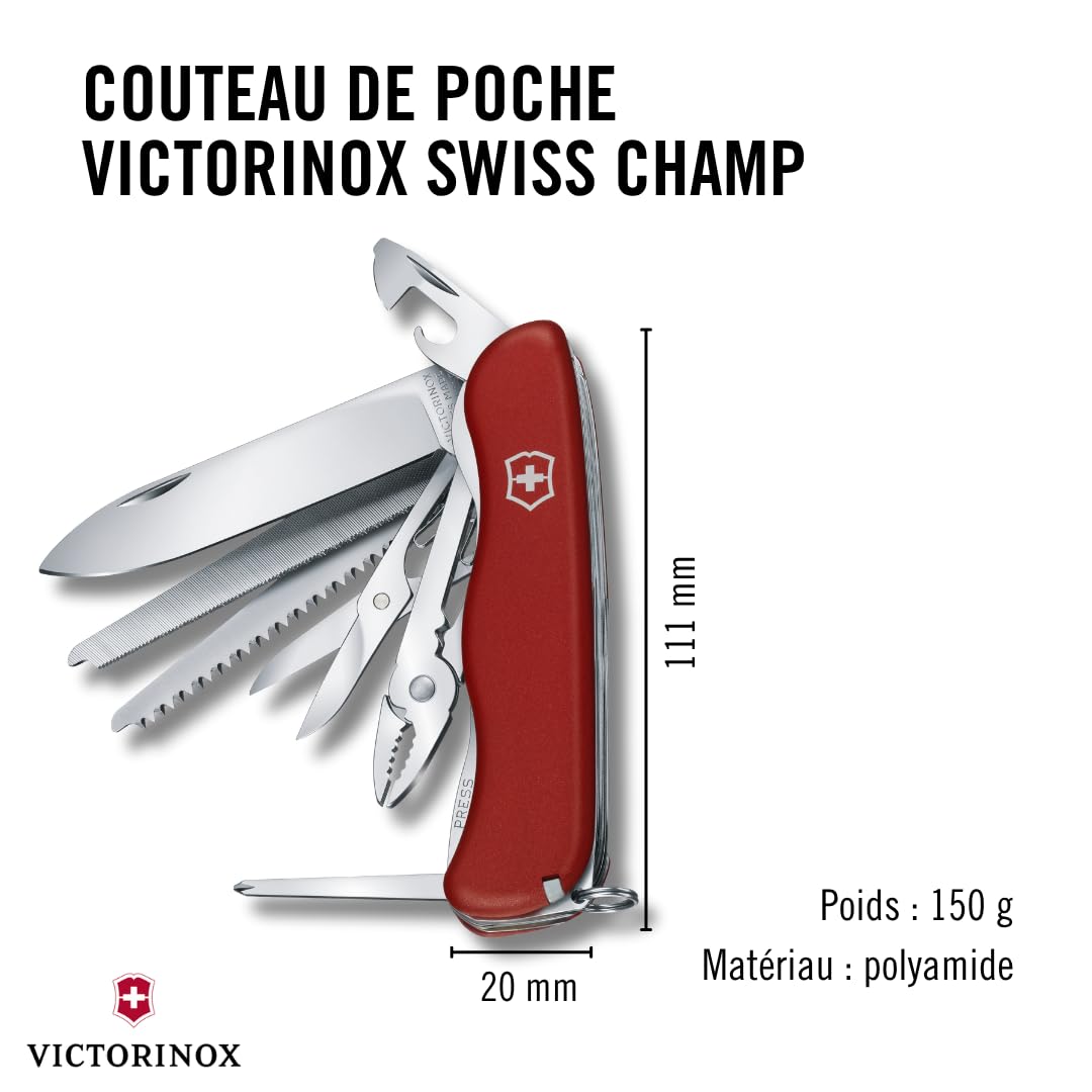 Victorinox Couteau Suisse Work Champ, 21 Fonctions, Outil Multifonction avec Lame Blocable, Pince, Scie à Métaux, Rouge
