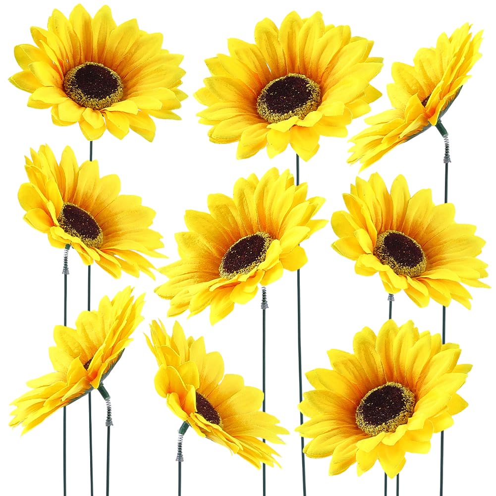 SOFPLATE 10Pcs Sunflower Lawn Stakes Metal Flower Garden Stakes PVC Yellow Floral Head Spring Outside Art Decorative Iron Wire Stems Sticks for Outdoor Pathway Lawn Patio Yard Garden Vase DIY Decor