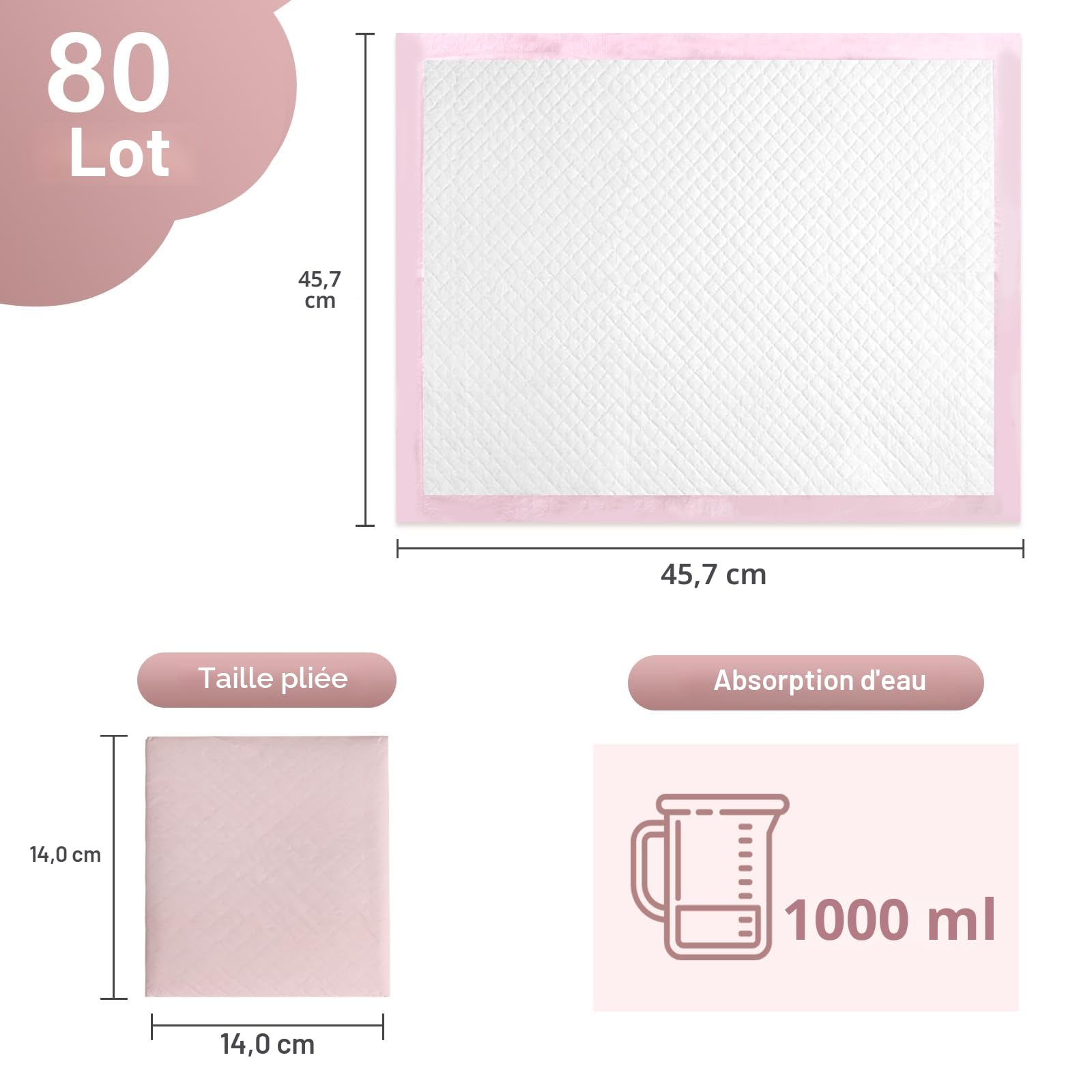 Lot de 80 matelas à langer jetables pour bébé, ultra absorbant, imperméable, 45,7 x 45,7 cm
