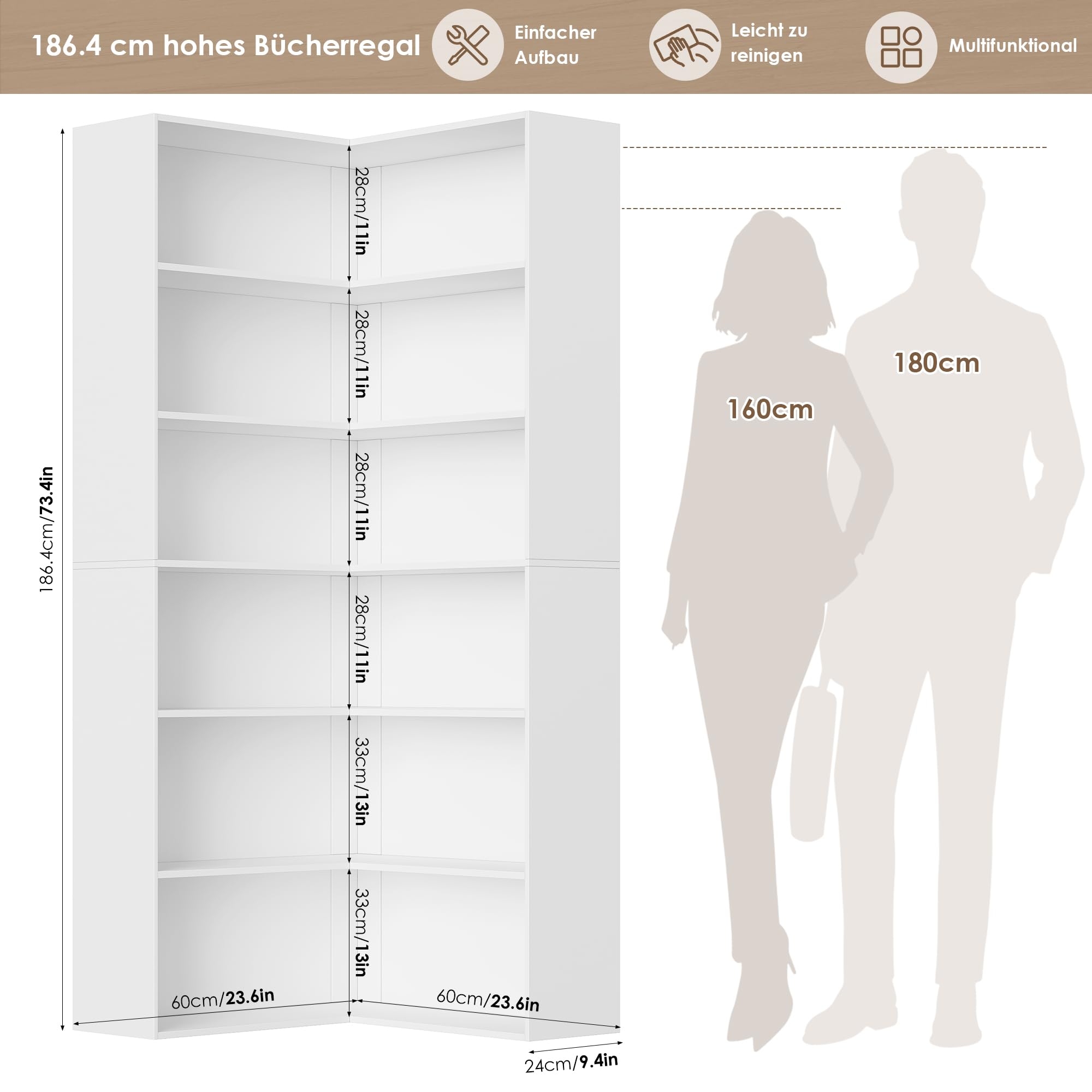 FirFurd Eckregal Bücherregal Eckschrank mit 6 Ebenen 60x60x186,4 cm weiß