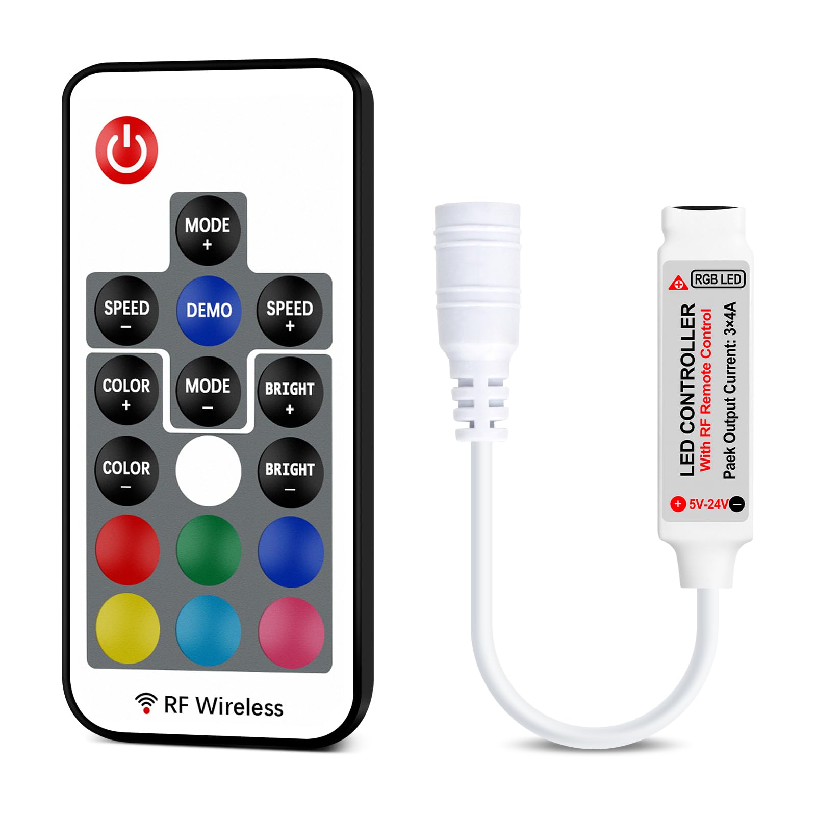 Aroidful Mini RF-Dimmer Controller mit 17 Tasten DC 5V ~ 24V Helligkeit und Effektmodus Kabelloser LED-Ferndimmer für RGB 2835&5050 LED Streifen Licht Drahtlos 4-polig