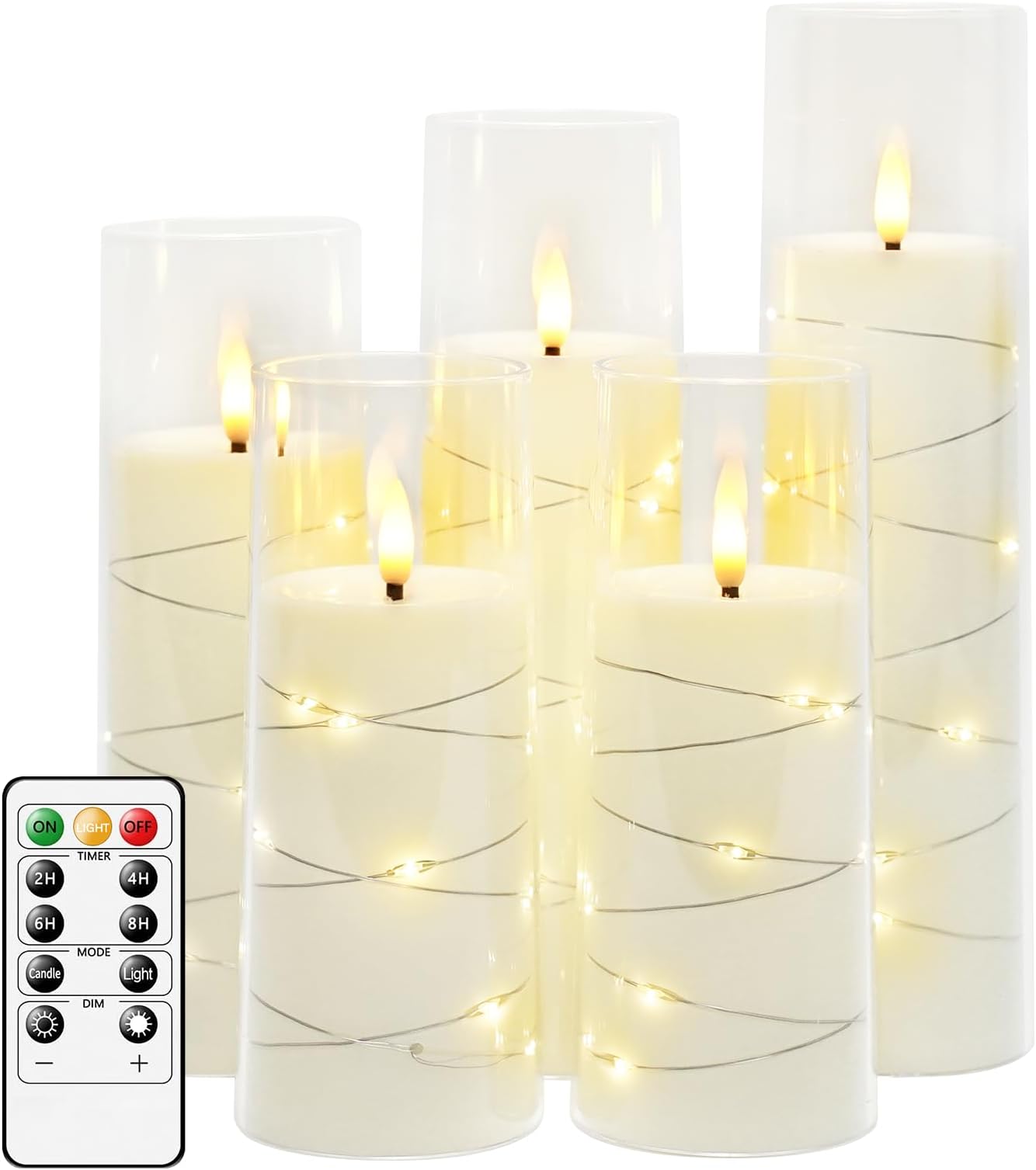 kakoya Flameless LED Candles with Timer 5 Pc Flickering Flameless Candles for Romantic Ambiance and Home Decoration Stable Acrylic Shell,with Embedded Star String，Battery Operated Candles（White）
