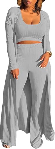 Hanmax - Conjunto tejido de 3piezas para mujer, chaqueta de manga larga, camiseta sin mangas y pantalón, conjunto para invierno y otoño