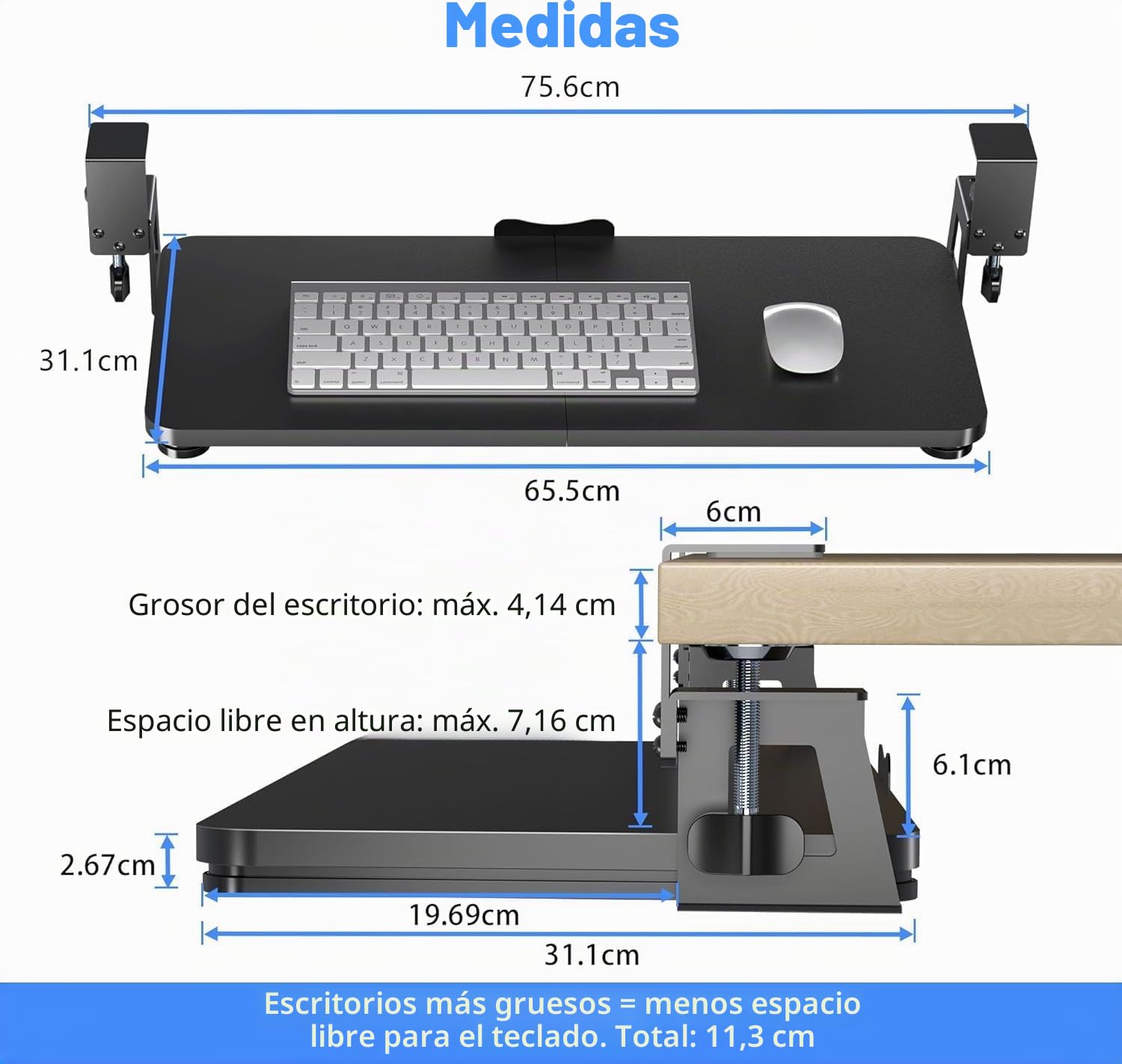 XINLEI Bandeja para Teclado Debajo del Escritorio, 65.5 x 31.1 cm con Abrazadera en C, Plataforma Extraíble y Deslizante, Soporte Ergonómico para Teclado y Ratón para Escribir, Hogar u Oficina