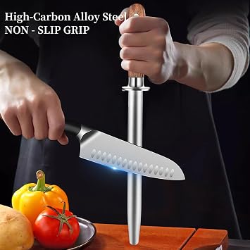 13.7In Carbon Knife Sharpening Steel, Honing Rod with Pear Wood Handle