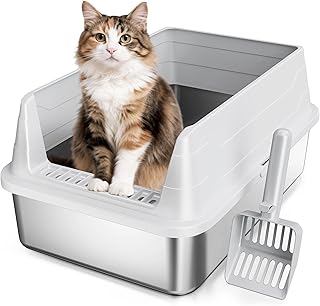 Caja de arena de acero inoxidable para gatos, caja de arena de metal sin olor con tapa de lados altos, bandeja de arena de entrada baja con parte superior abierta, incluye cuchara, fácil limpieza