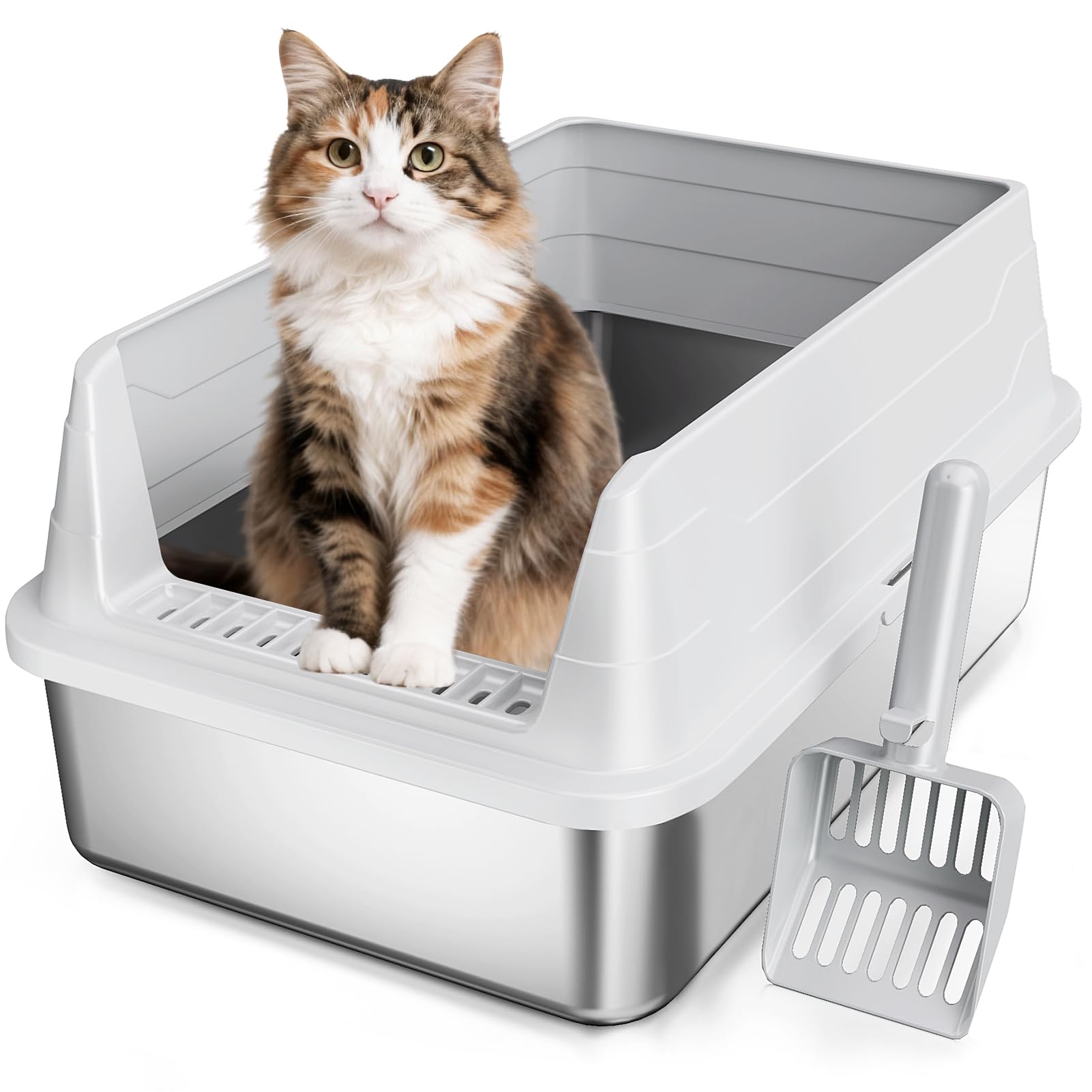 Stainless Steel Cat Litter Box, Odor Free Metal Litter Box with High Sides Lid, Open Top Low Entry Litter Pan Include Scoop Easy Cleaning Anti-Scratch Kitty Cat Box Anti-Urine Leakage, Non-Sticky, M