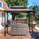 Domi 8'x6' Grill Gazebo Hardtop Aluminum BBQ Gazebo with Bar Shelves and Ceiling Hooks, Double Metal Roof Outdoor Gazebos for Patio Lawn Garden Deck (Dark Brown)