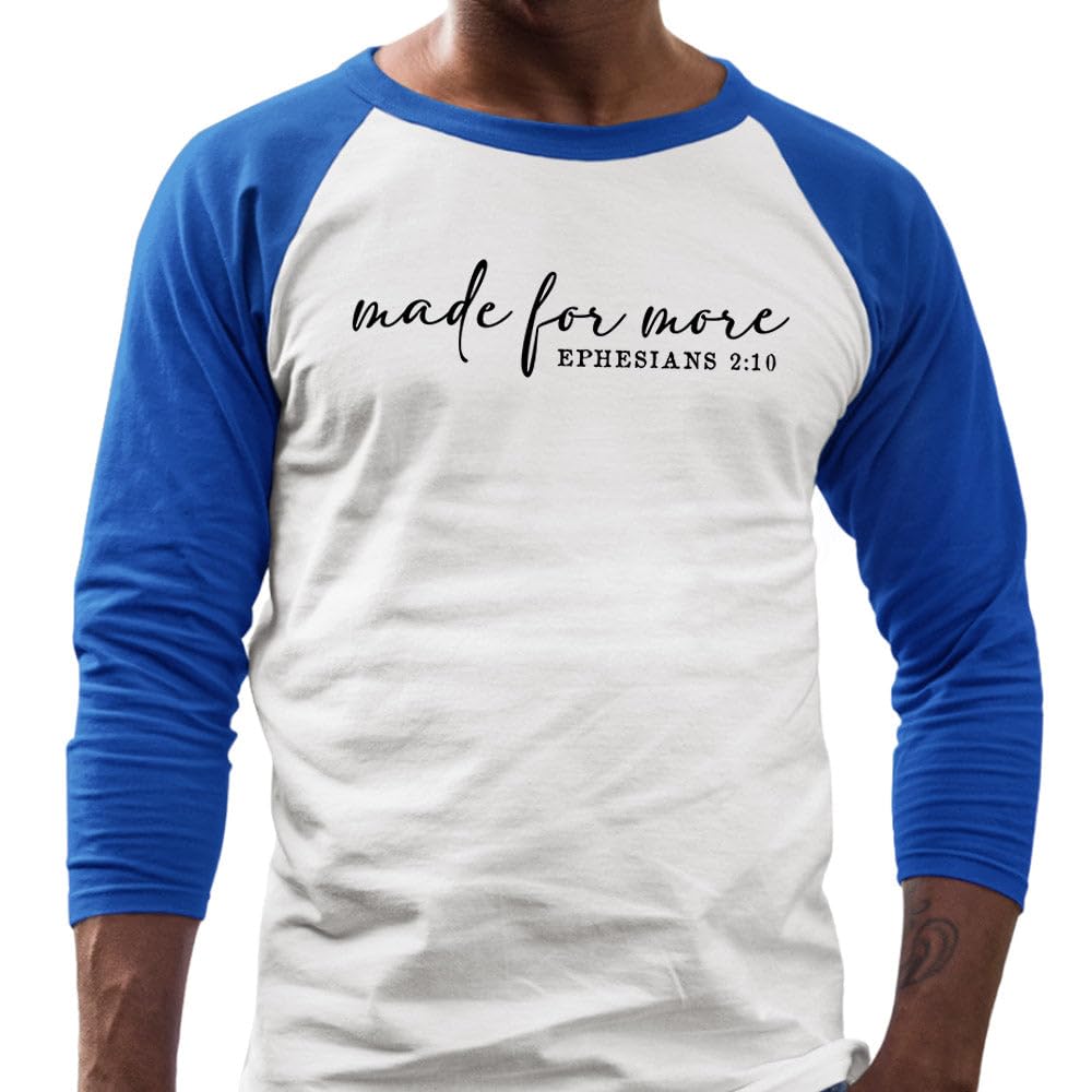 TeesAndTankYou Made for More Christian Three-Quarter Raglan Sleeve Baseball Shirt Unisex X-Large White/Royal