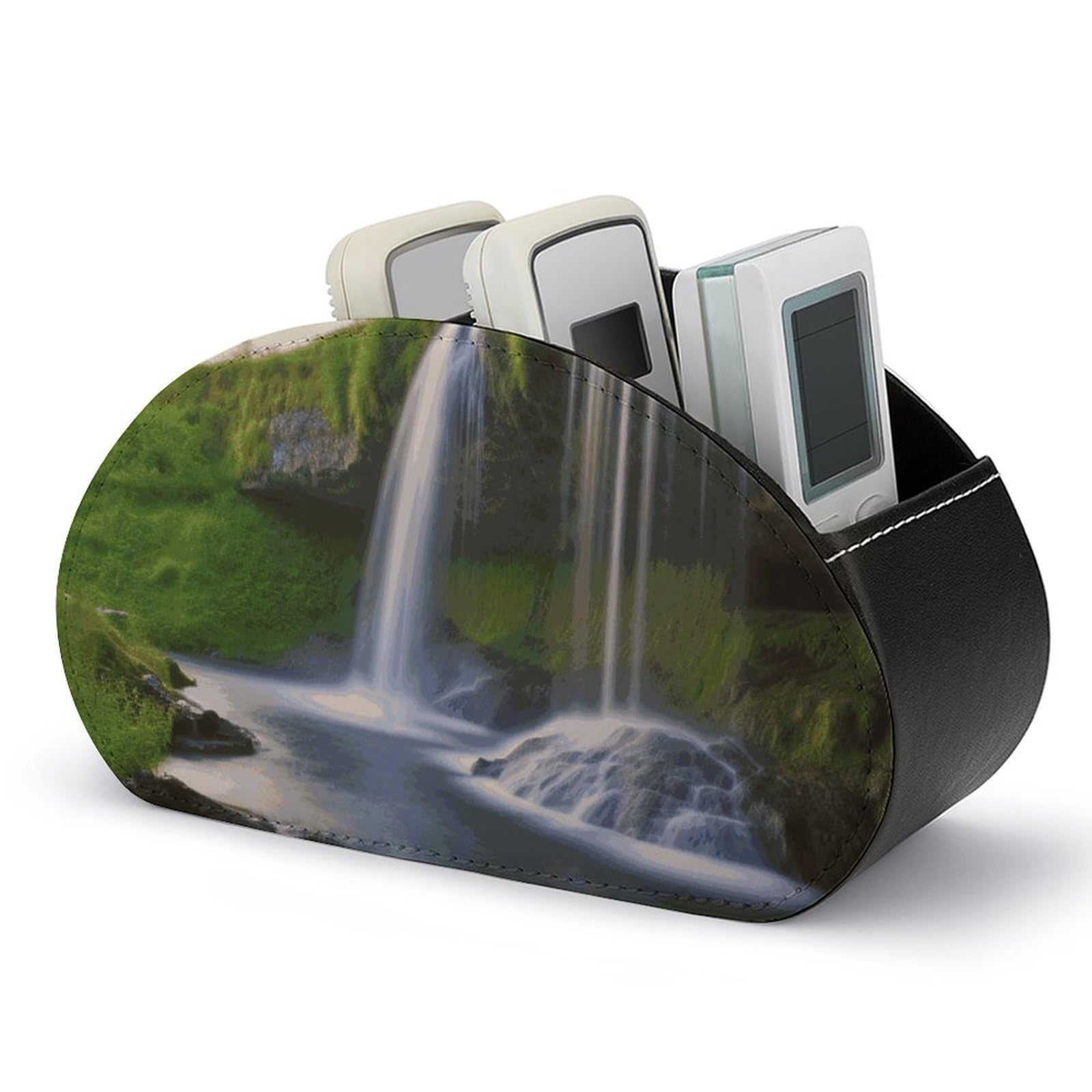 JTREHY - Waterfall Landscape Remote Control Stand with 5 Compartments PU Leather with Multifunctional Computer Storage Box