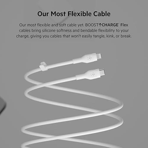 Miniatura 8 de Belkin BoostCharge Flex Cable USB-C a Lightning de silicona (6.6 ft6.6 pies), cable de carga certificado MFi para la serie de iPhone con clip para