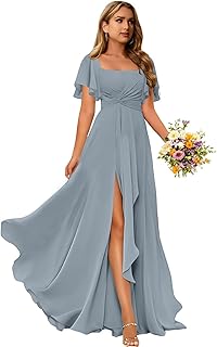 Women's Chiffon Bridesmaid Dresses with Flutter Sleeve Square Neck Formal Dresses Long Ruched Evening Dress GA035 - Buy now