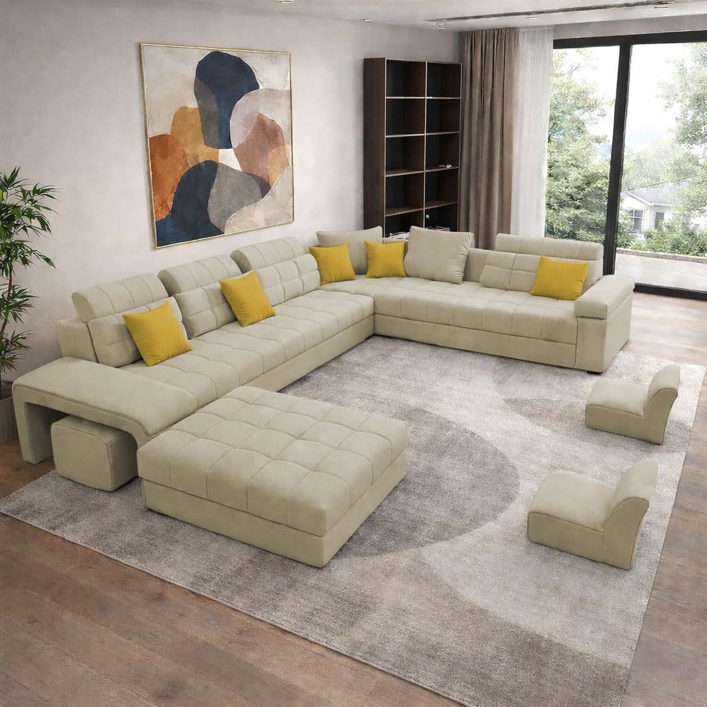 Casaling Urban Modern U-Shaped Sectional Sofa Set with Storage | 9 Seater Sofa Couch with Ottoman | Wooden Frame | Premium Colour Fabric | for Living Room & Guest Hall in (Cream Colour)-picture-12
