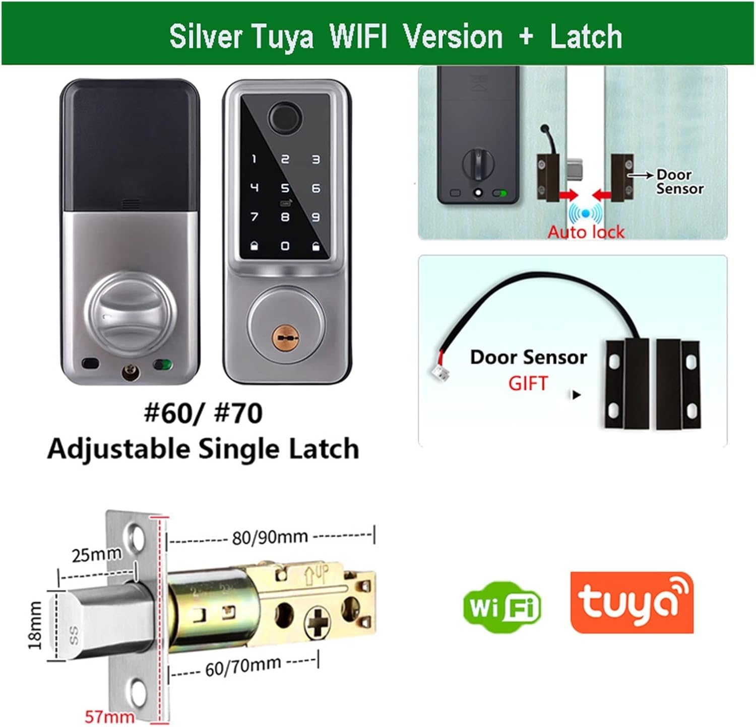 FJZKTEG Tuya WiFi Fingerprint Door Lock Latch Dimensions and Door Sensor