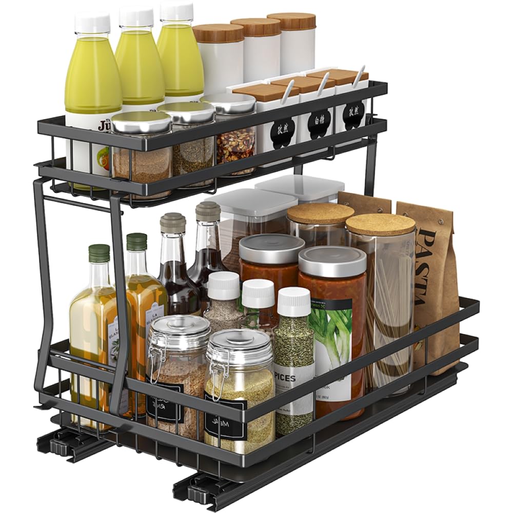 Generic 2-Tier Under Sink Organizer - Pull Out Carbon Steel Storage for Bathroom and Kitchen Cabinets - Black, 1 Pack Black