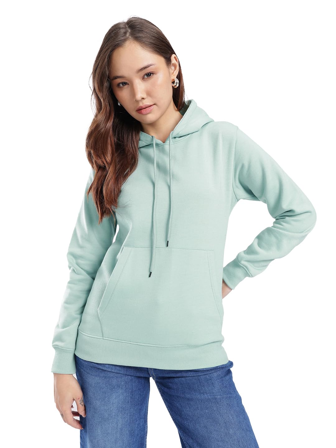 Women Solid Fleece Hoodie – Full Sleeve Pullover-XYRISWSWT90-Aqua-image-44