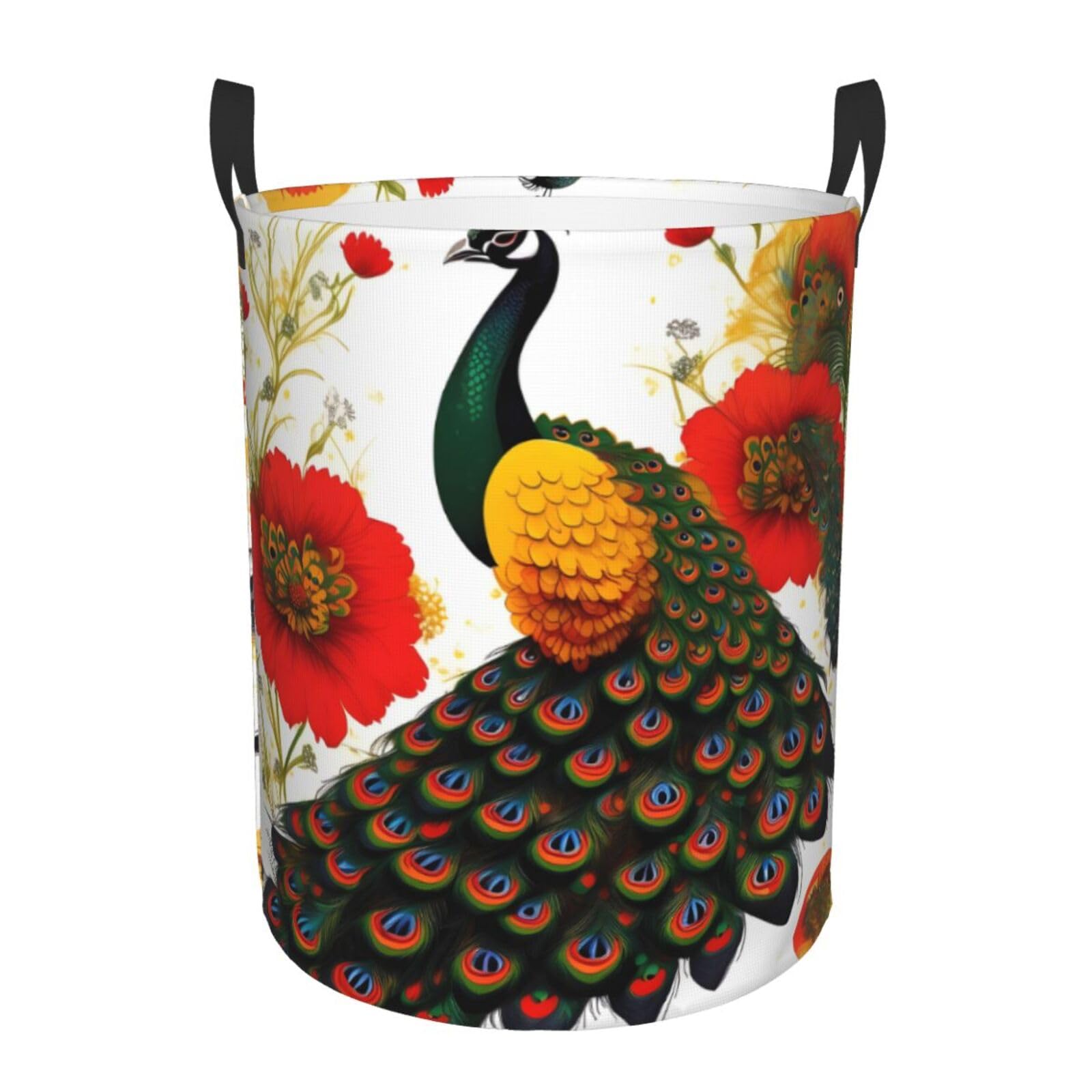 M Collapsible Peacock Red flower Print Circular Hamper Round
