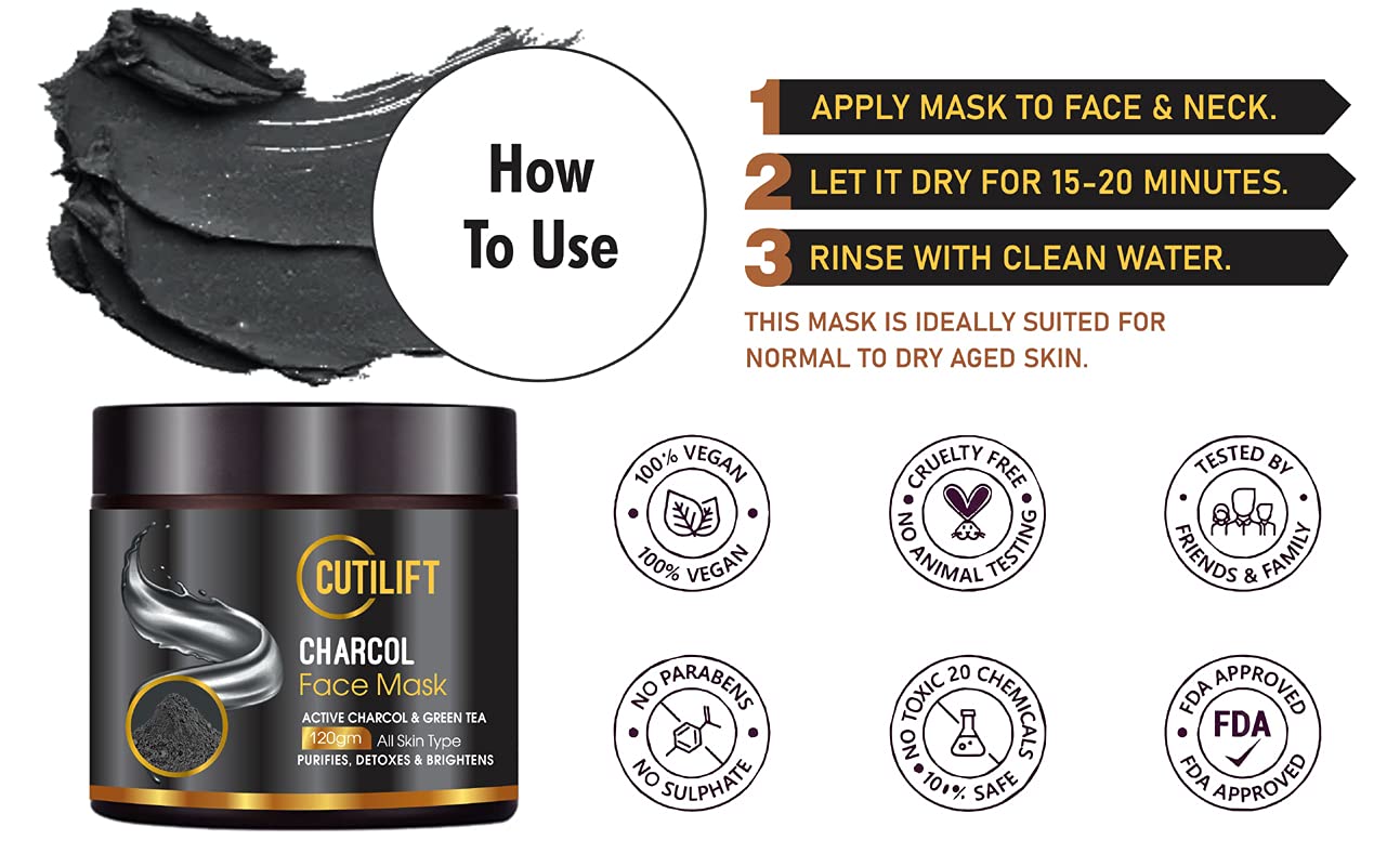 Cutilift Charcoal & Tea Tree Face Pack with Dead Sea Mud - Deep Cleansing Mud Mask for Oily & Acne Prone Skin - Pore Tightening & Blackhead Removal 120gm 1
