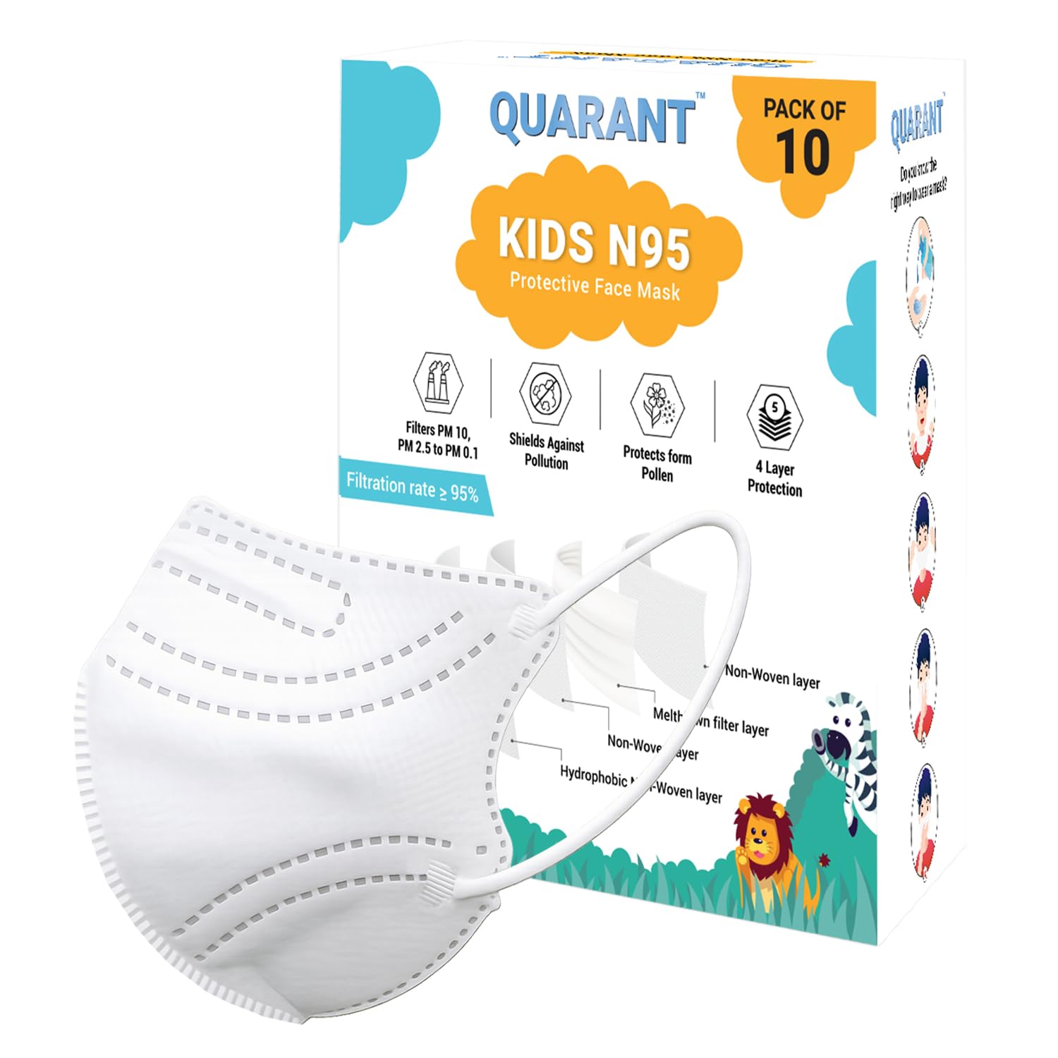 QUARANT Kids N95 Protective Face Mask for Boys & Girls with Reusable Travel Pouch, Suitable for Children Aged 4 to 12 Years (White, Pack of 10)