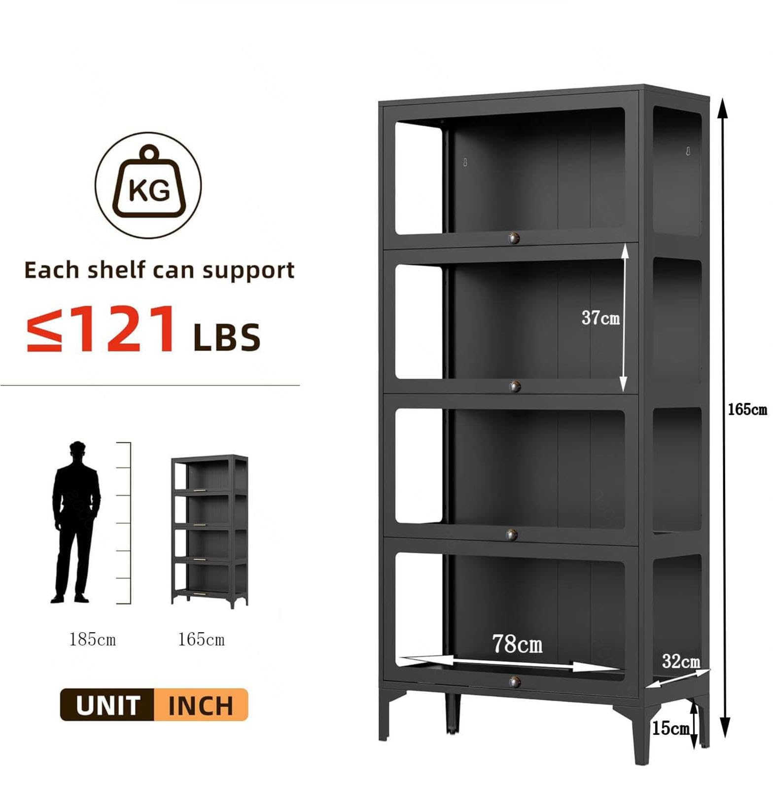 YSZBD Vitrina Cristal，Vitrina expositora para Colecciones，Vitrina para Sala de Estar, Dormitorio, vinos, Oficina o Libros,Black