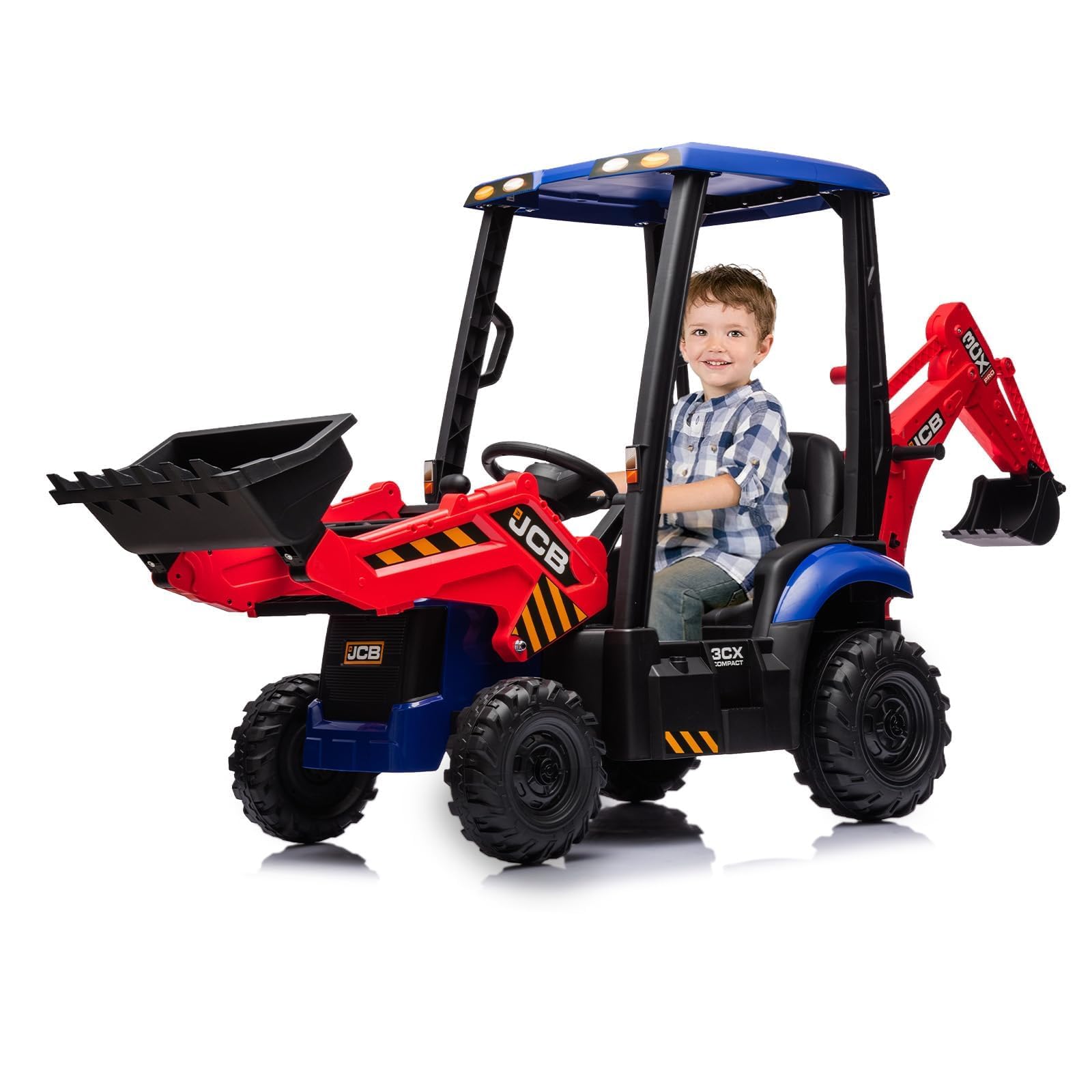 Aptliton 12V Kids Ride-On Tractor w/Trailer, 4-in-1 Excavator Digger