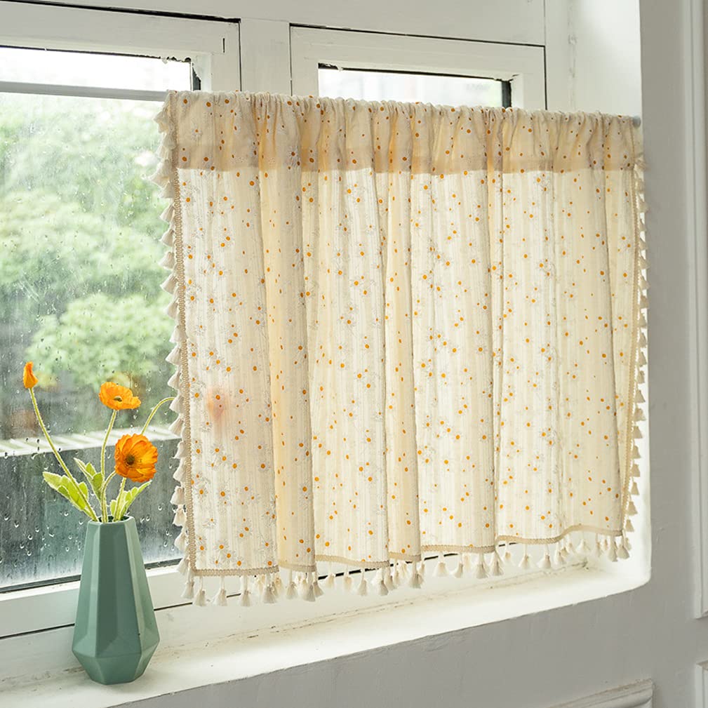 Rideau demi drapé en coton lin brodé floral OKUOKA pour cuisine et café