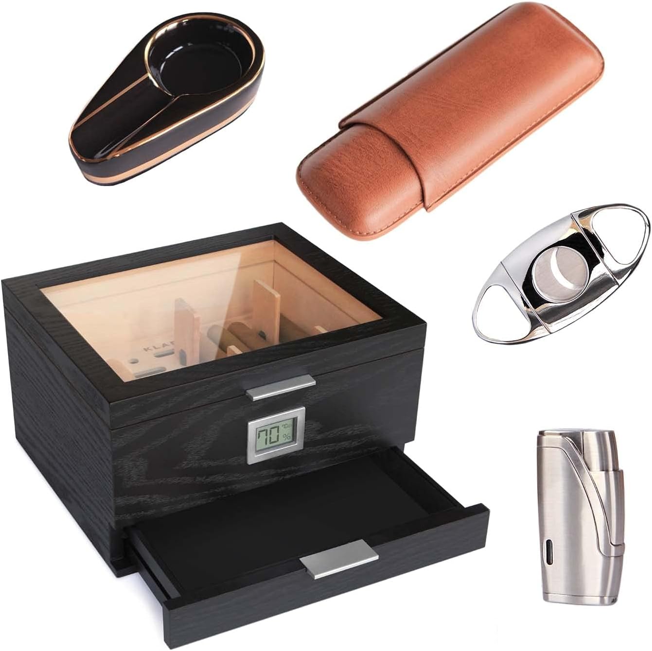 Klaro - Mill Humidor with cigar lighter, cutter, ashtray, and travel cigar case bundle by CASE ELEGANCE