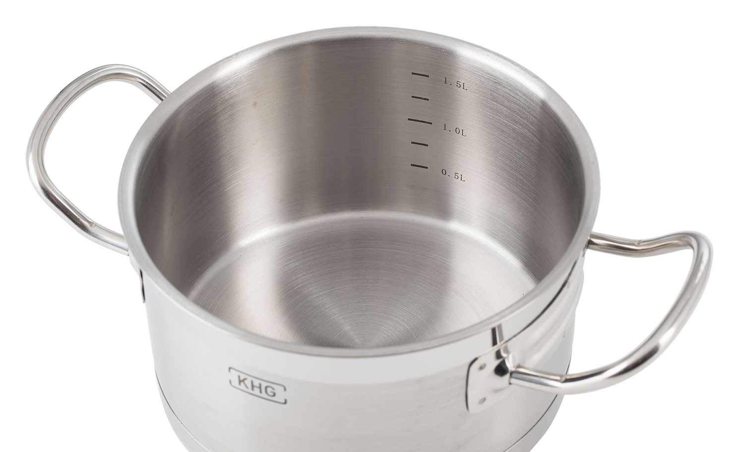 KHG Topfset 4-teilig Edelstahl Induktion Kochtopf 16 cm, 20 cm, 24 cm mit Glasdeckel, 16 cm Kasserolle Innenskala, spülmaschinengeeignet