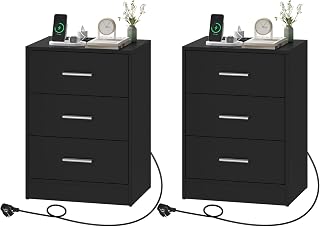 WOLTU Bedside Set of 2, Side Table with Charging Function, Socket, 3 Drawers, Nightstand, Nightstand for Bedroom, Living Room, Hallway, Office, Modern Black