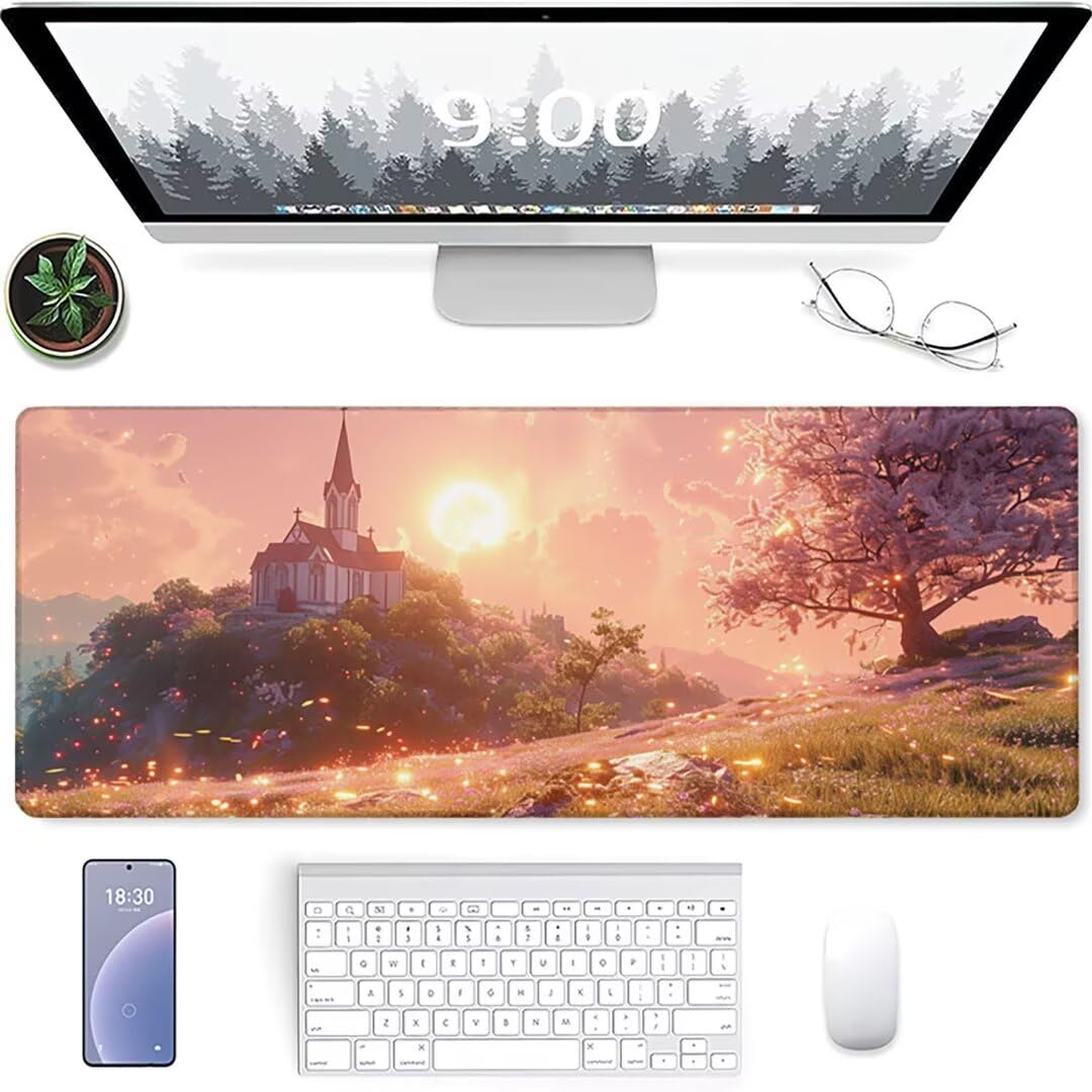 Excel Shortcut-Tasten-Mauspad - erweitertes großes 1200 x 600mm XL-Spickzettel-Gaming-Mauspad | PC-Büro-Tabellenkalkulation-Tastaturmatte | rutschfeste genähte Kante Kirche Baum