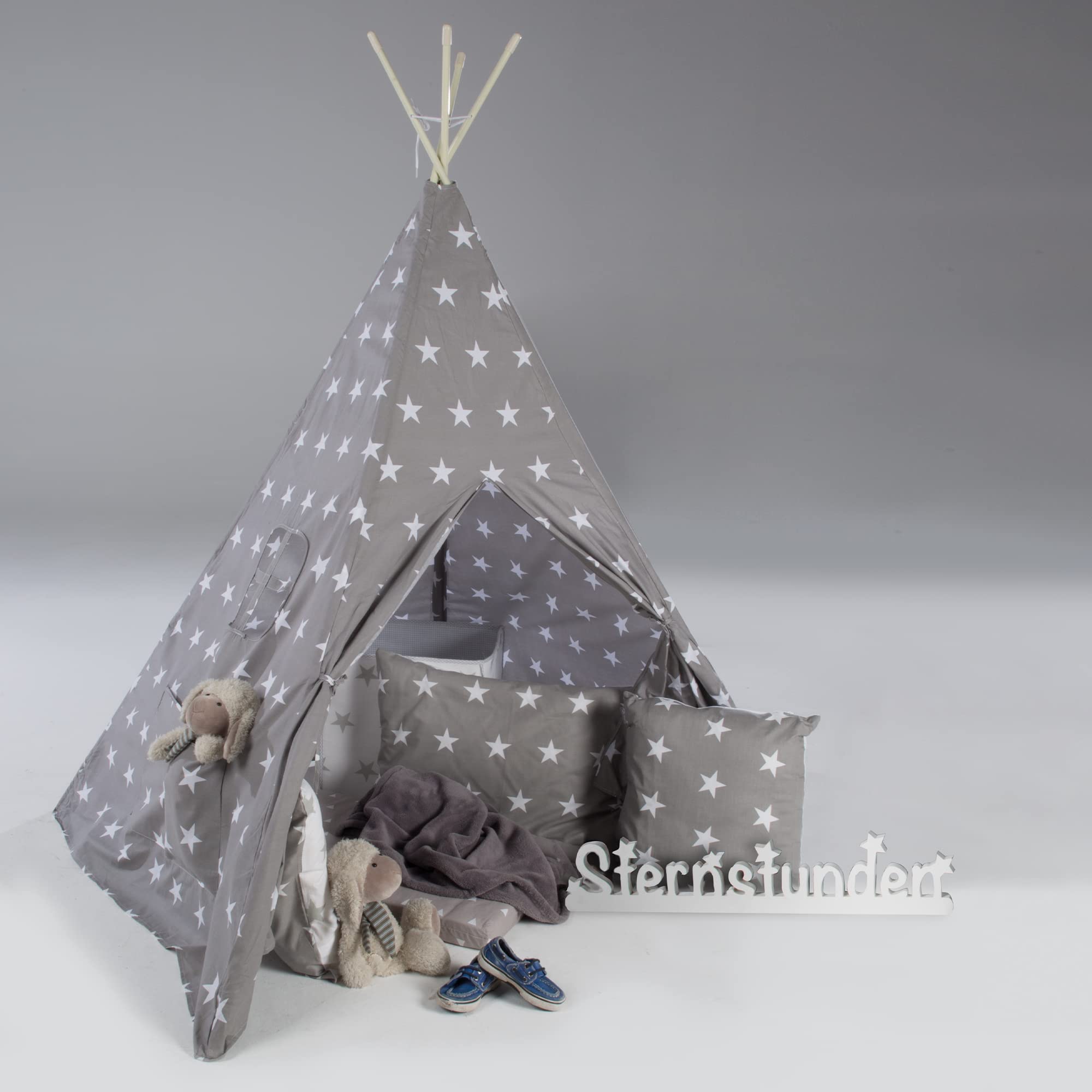 roba Spielzelt 'Little Stars' inkl. Bodenunterlage und Tragetasche - Wigwam für Kinderzimmer und Outdoor - Grau / Weiß
