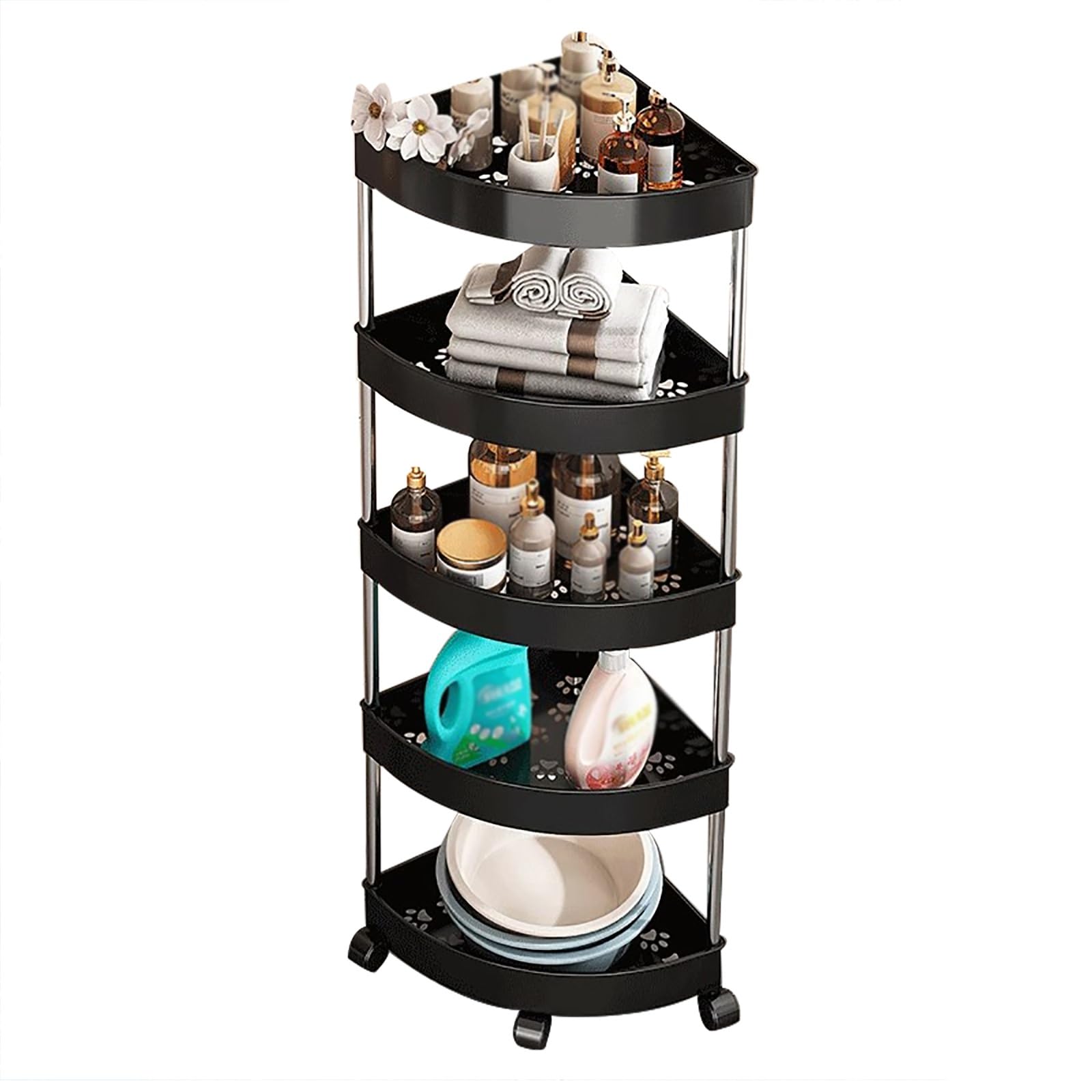 Corner Shower Caddy Shelf Organizer Rotating Freestanding Storage Rack Kitchen Storage Shelves with Wheels for Bathroom Black 43