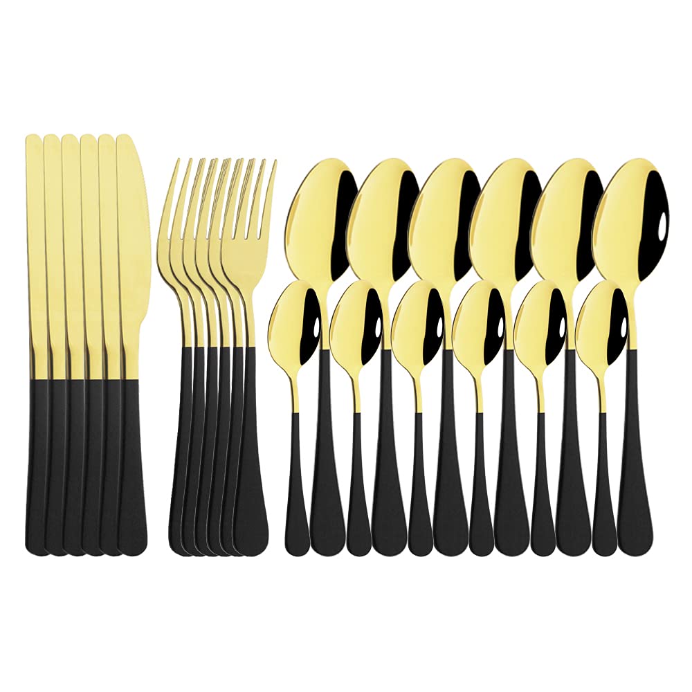 juego de cubiertos, Juego de cubiertos plata, juego vajilla 24 piezas con espejo, acero inoxidable, tenedor, cuchillo, cuchara, dorado(Black/Gold)