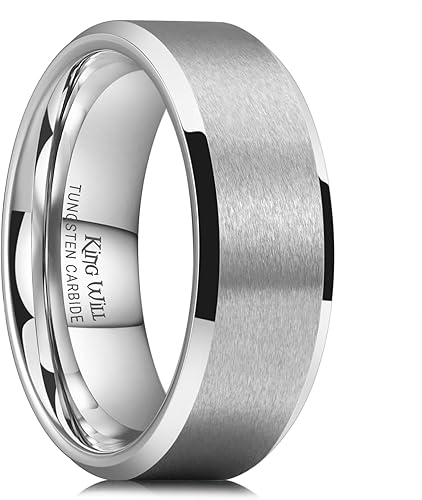 King Will - Anillo básico unisex de carburo de tungsteno con acabado mate y pulido, para boda o compromiso, borde biselado, colores plateado, negro,
